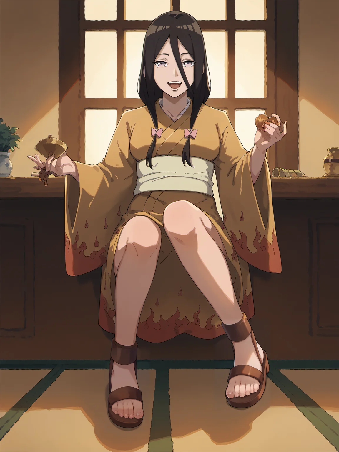 erfect Hands,Perfect feet, score_9, score_8_up, score_7_up, score_6_up, score_anime,1girl,<lora:hyuuga_hanabi2-000005:1>, hyuuga hanabi,uppe body,indoors,hyuuga hanabi's fire pattern kimono \(kimono\),sandals,looking at viewer, <lora:Smooth_Anime_2_Style_SDXL_LoRA_Pony_Diffusion_V6_XL:0.9>,<lora:Perfect Hands:0.8>