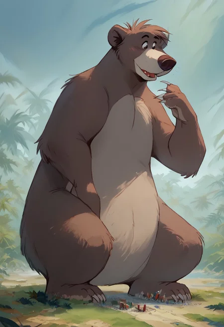score_9, score_8_up, score_7_up, by cocadope, 1boy, furry male, male focus, furry, (baloo:1.2, bear), solo, animal ears, two tone fur, dark brown and light brownfur, brown eyes, tiny green loincloth (chubby:1.2), ((macro)), ((giantess)), ((macro)), ((giantess)) gigantic, ,Squatting , large body, happy, landscape background, tiny landscape, micro landscape, detailed landscape, shrunken trees, detailed fur, paws hands, paw legs, flat feet, feet wiggle toes , stomping, stepping, feet, tiny village, micro village, shrunken village, crash, disaster, perspective, macro scale, gigantic, giant furry, giantess, pastel colors, muted colors, soft shading, digital painting, <lora:furry_style:0.8>