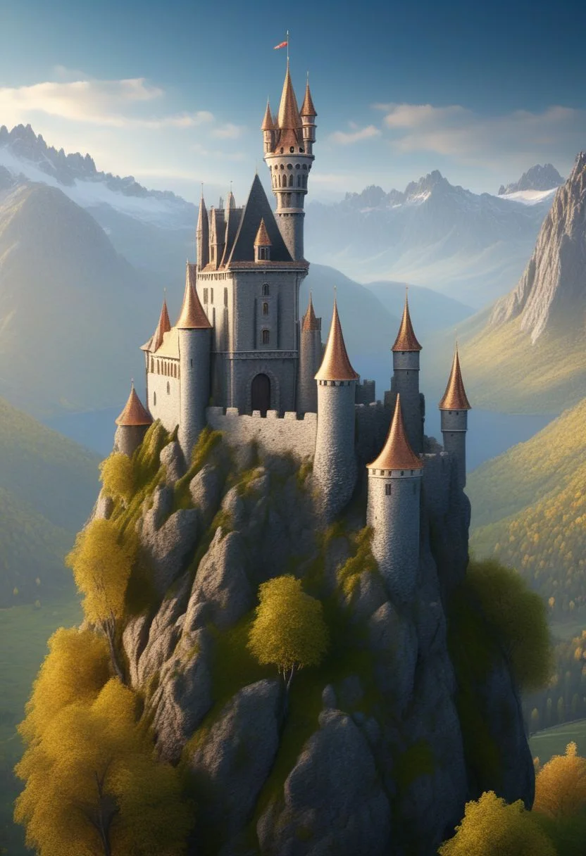fairy tale castle on a (rock spire), mountain in background, best quality, masterpiece, illustration, realistic, photo-realistic, amazing, finely detail, incredibly absurdres, huge filesize, ultra-detailed, highres, extremely detailed CG unity 8k wallpaper