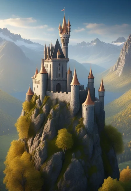 fairy tale castle on a (rock spire), mountain in background, best quality, masterpiece, illustration, realistic, photo-realistic, amazing, finely detail, incredibly absurdres, huge filesize, ultra-detailed, highres, extremely detailed CG unity 8k wallpaper
