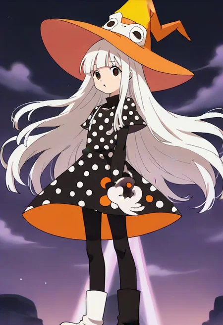 source_anime, anime, (vivid colors, bright colors:1.1),, adult, white hair,long hair,bangs,orange hat, thin hat, witch hat, black dress,black pantyhose,white boots,polka dots,polka dot dress, <lora:Eureka_Frog_v10:1>,