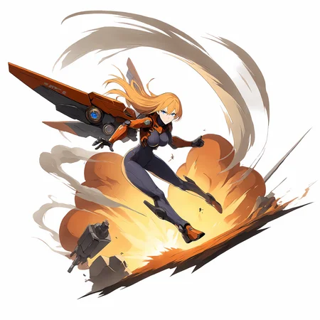 score_9,
<lora:gachasplash_v1_pruned:1>, white background, full body,
mecha musume, mechanical arms, mechanical wings, mechanical legs, futuristic,
1girl, flying, rocket, projecticle, explosion, weapons, long hair, amber hair, blue eyes, looking at viewer, smoke, smoke trail, determined,
bodysuit,
high resolution, Masterpiece,
uncensored, rating_explicit,