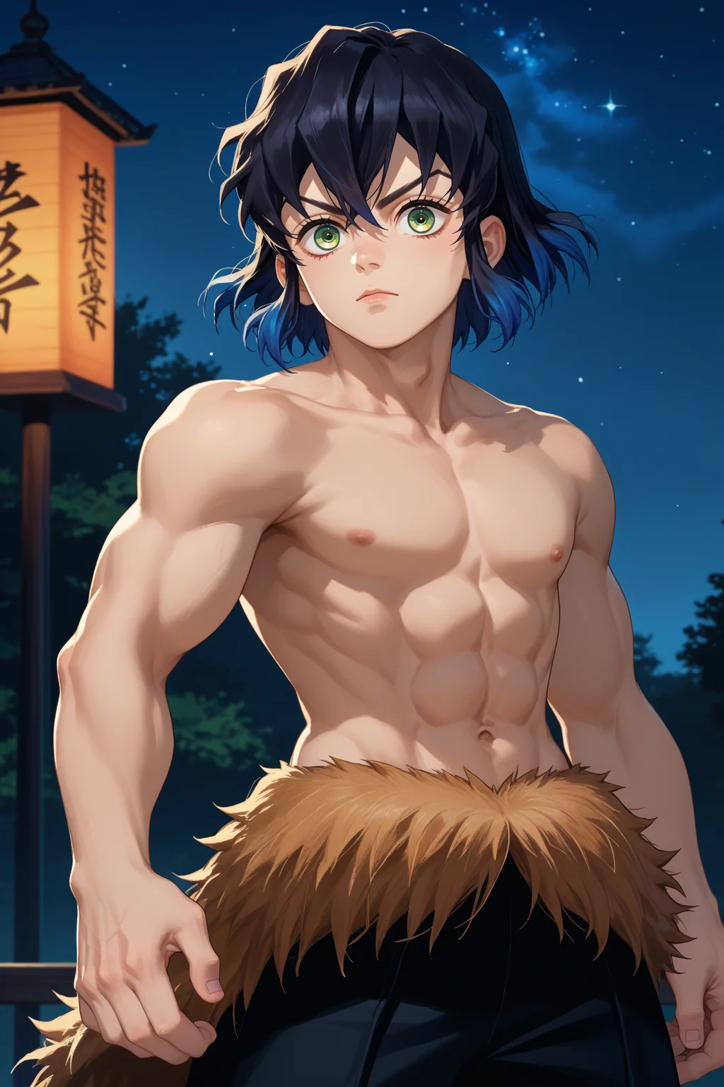 score_9, score_8_up, score_7_up, score_6_up, source_anime, 1boy, male focus, solo, <lora:inosuke-pdxl-nvwls-v1-000005:1> inosuke, blue hair, black hair, multicolored hair, short hair, green eyes, topless male, toned, black pants, fur-trimmed pants, upper body, portrait, night sky, looking at you