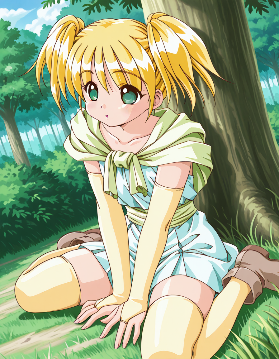score_9, score_8_up, score_7_up, anime BREAK official art, solo, 1girl, one girl, 
<lora:Maria_Short:1>, Maria Short, 
1girl, solo, thighhighs, blonde hair, green eyes, twintails, sitting, tree, nature, short twintails, zettai ryouiki, bridal gauntlets, yellow thighhighs, shoes, dress, 
dynamic angle, dynamic pose, 
(masterpiece:1.3), best quality, high resolution, unity 8k wallpaper, extremely detailed CG, 8K,