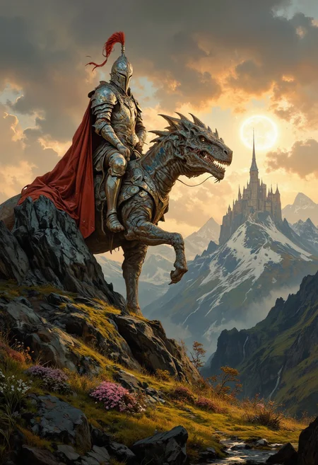 8k high quality digital painting , masterpiece, very detailed, ultra realistic, (best quality) very detailed epic masterpiece,
unearthly beautiful, a breathtakingly beautiful landscape in the French Alps, in the foreground a shiny knight riding on a dinosaur-like dragon watches a beautiful castle in the distance, the low yellow-red sun casts long shadows, enchanting landscape, fairytale-like, calm mood, flowers in the foreground, realistic