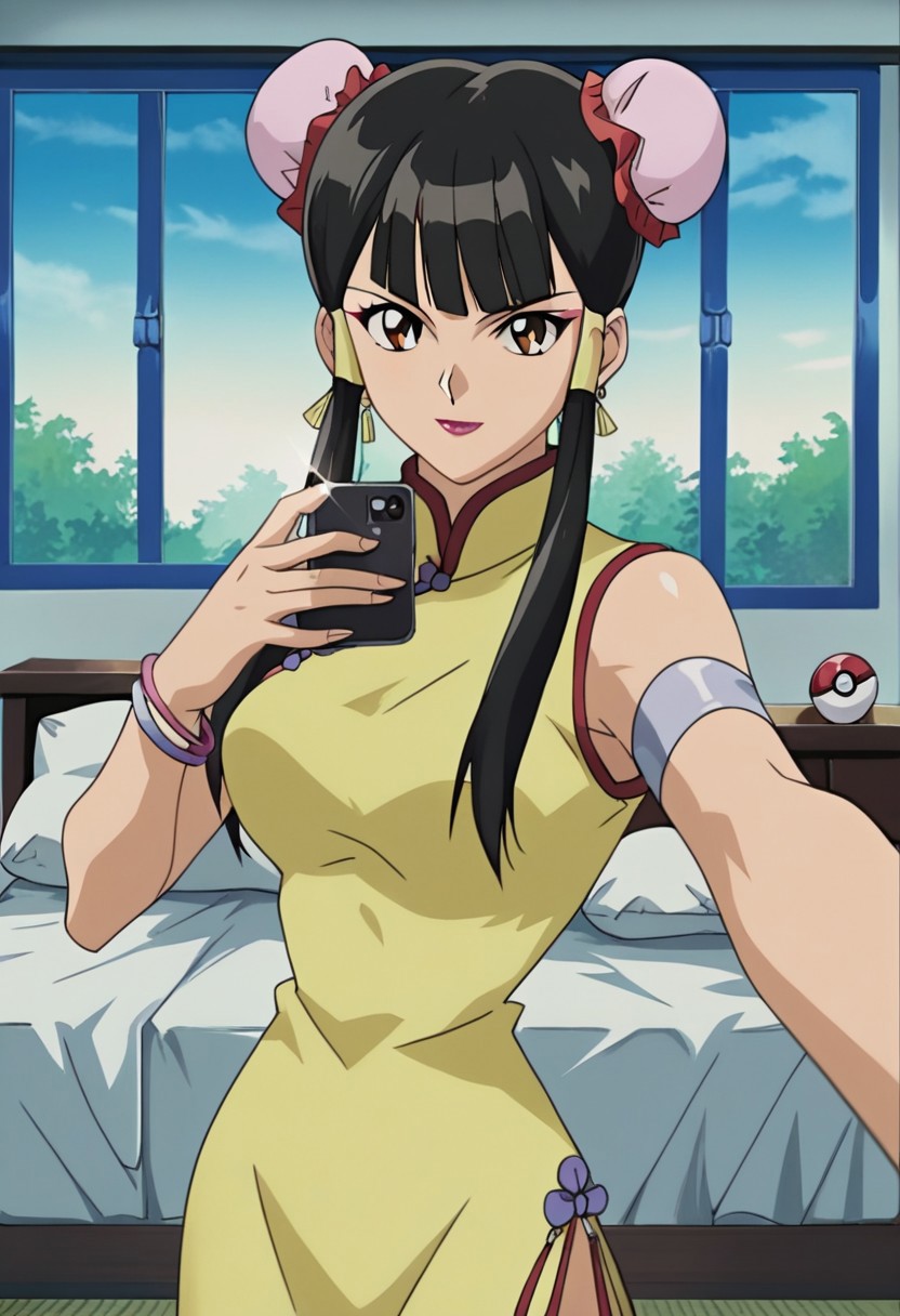 score_9, score_8, score_7_up, source_anime, anime_coloring, anime_screenshot, highres, rating_questionable
YGOVivianWong, 1girl,  long hair, black hair, hair bun, double bun, bun cover, hair tubes,  bangs, sidelocks, makeup, lipstick, brown eyes,  jewelry, earrings, dress, china dress, chinese clothes, bracelet, legs, thighs
seductive, naughty face, bedroom, window, bed, pillows, detailed background, mirror, selfie, cellphone holding cellphone, blue cellphone, solo pokeball_(/basic/) solo