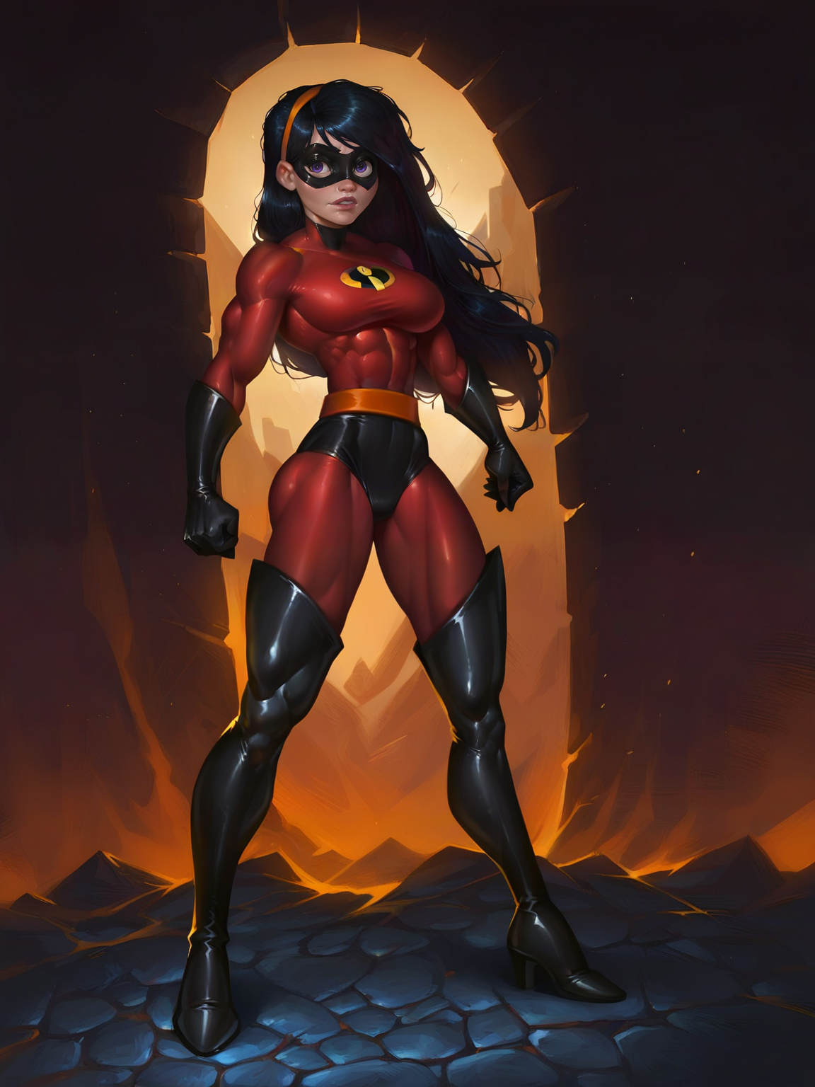 <lora:Violet Parr:0.4> vio_p, 1girl, slender body, fair skin, pink lips, bluish-purple eyes, long straight hair, black hair, supersuit, black eye mask, orange headband, red unitard,  orange belt, black gloves, black bottoms, thigh-high black boots,
 <lora:JustSomeNoob_XL_Pony:0.9> large breasts, uncensored, muscular, score_9, score_8_up, score_7_up,