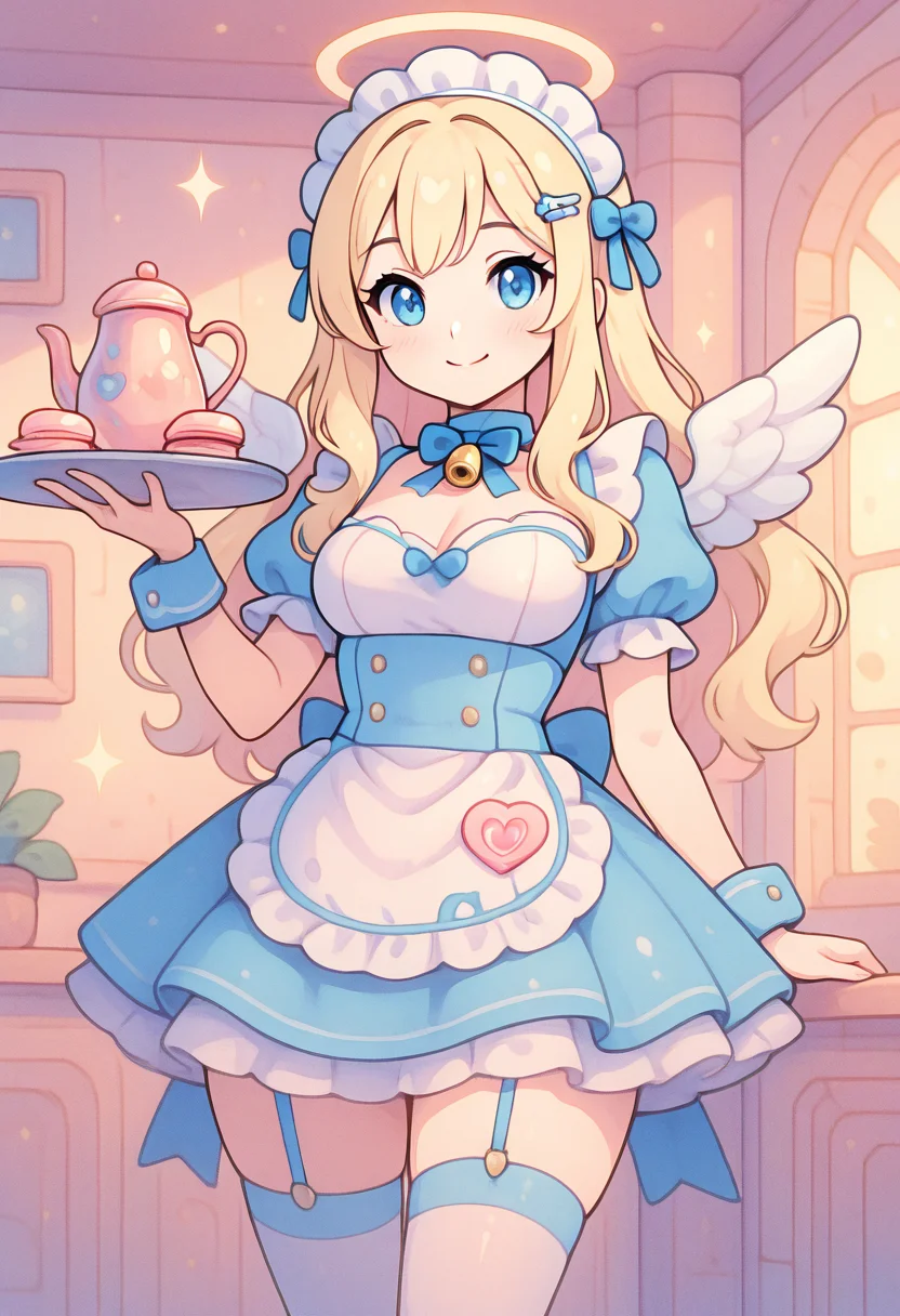 masterpiece, best quality, solo, curvy, beautiful eyes, narrow waist, wide hips, 1girl, solo, smile, looking at viewer, dynamic angle, foreshortening, close up,    1girl, solo, blonde hair, wavy hair, angel, angel wings, halo, smile,   k4w4iim1r41, cute outfit, pastel clothes,  <lora:KawaiiMirai_IXL:1.2>, [Frosted Macaron Maid], icy blue maid dress with ruffles, puff sleeves with satin bows, lace apron with embroidery, thigh-high stockings with garters, macaron hairpins, bow choker, bell cuffs, tea tray with desserts, ornate cafe interior, shimmering chandeliers, polite curtsy, soft giggle,