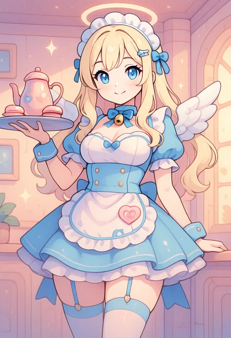 masterpiece, best quality, solo, curvy, beautiful eyes, narrow waist, wide hips, 1girl, solo, smile, looking at viewer, dynamic angle, foreshortening, close up,    1girl, solo, blonde hair, wavy hair, angel, angel wings, halo, smile,   k4w4iim1r41, cute outfit, pastel clothes,  <lora:KawaiiMirai_IXL:1.2>, [Frosted Macaron Maid], icy blue maid dress with ruffles, puff sleeves with satin bows, lace apron with embroidery, thigh-high stockings with garters, macaron hairpins, bow choker, bell cuffs, tea tray with desserts, ornate cafe interior, shimmering chandeliers, polite curtsy, soft giggle,