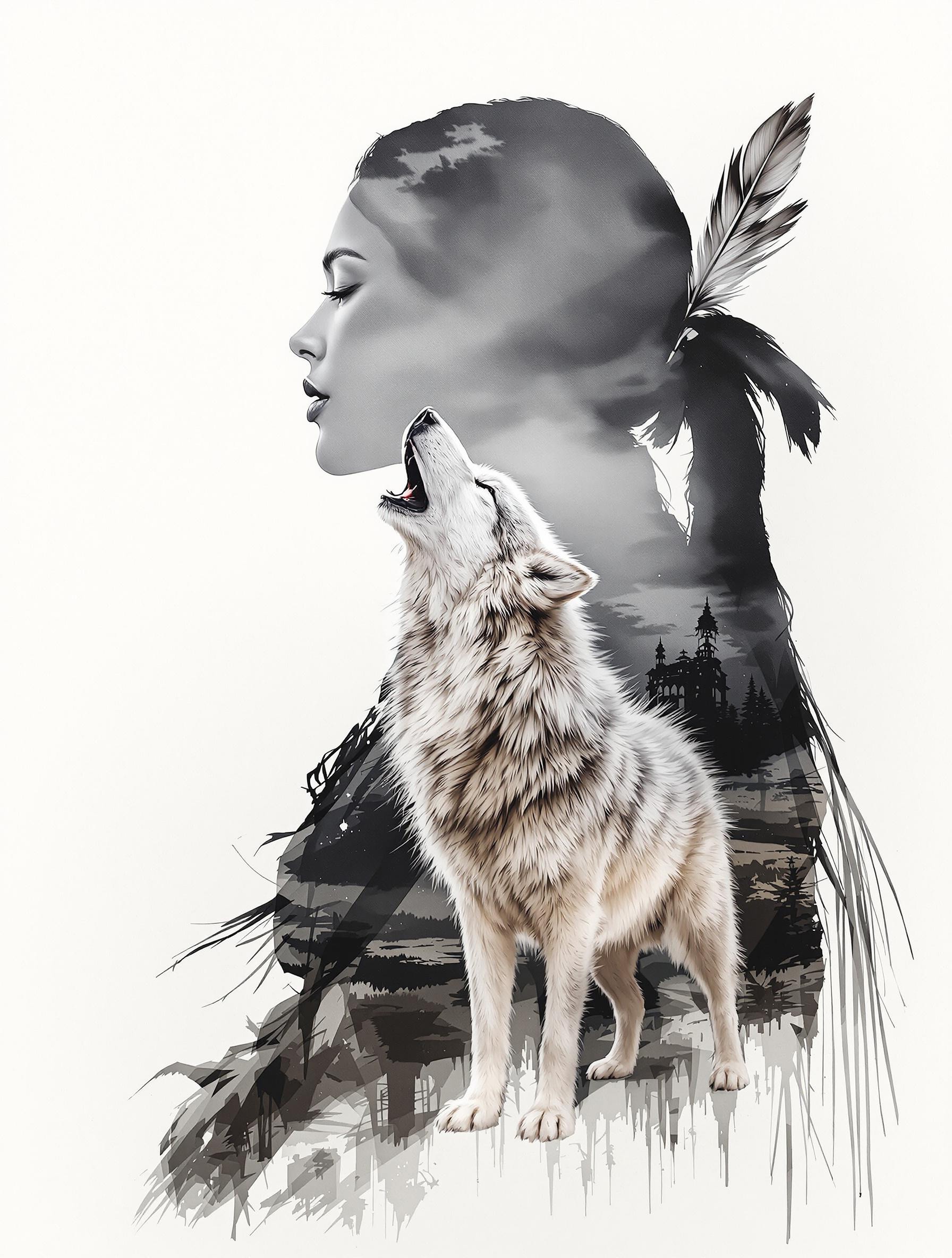 photorealistic poster ink art, Silhouette Art, magnificent, double exposure, silhouette of native american woman wearing buckskin dress, a single eagle feather tied in her hair, facing viewer.  The lower part of her silhouette is filled with an image of a white wolf, howling, the image contained within her silhouette