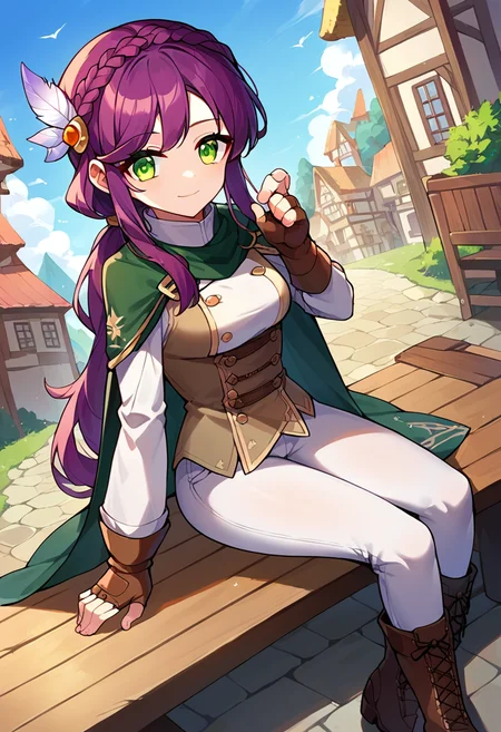 score_9,score_8_up,score_7_up,source_anime,zPDXL3,fantasy,town,wooden bench,sitting,
*//*,<lora:Adventurer_Archer_Pony:1>,bowmaster_new,1girl,solo,purple hair,long hair,braid,ponytail,green eyes,long sleeves,feathers,gloves,boots,brown footwear,white pants,cape,feather hair ornament,fingerless gloves,brown gloves,hair ornament,bangs,
*//*,looking at viewer,cowboy shot,dutch angle,light smile,