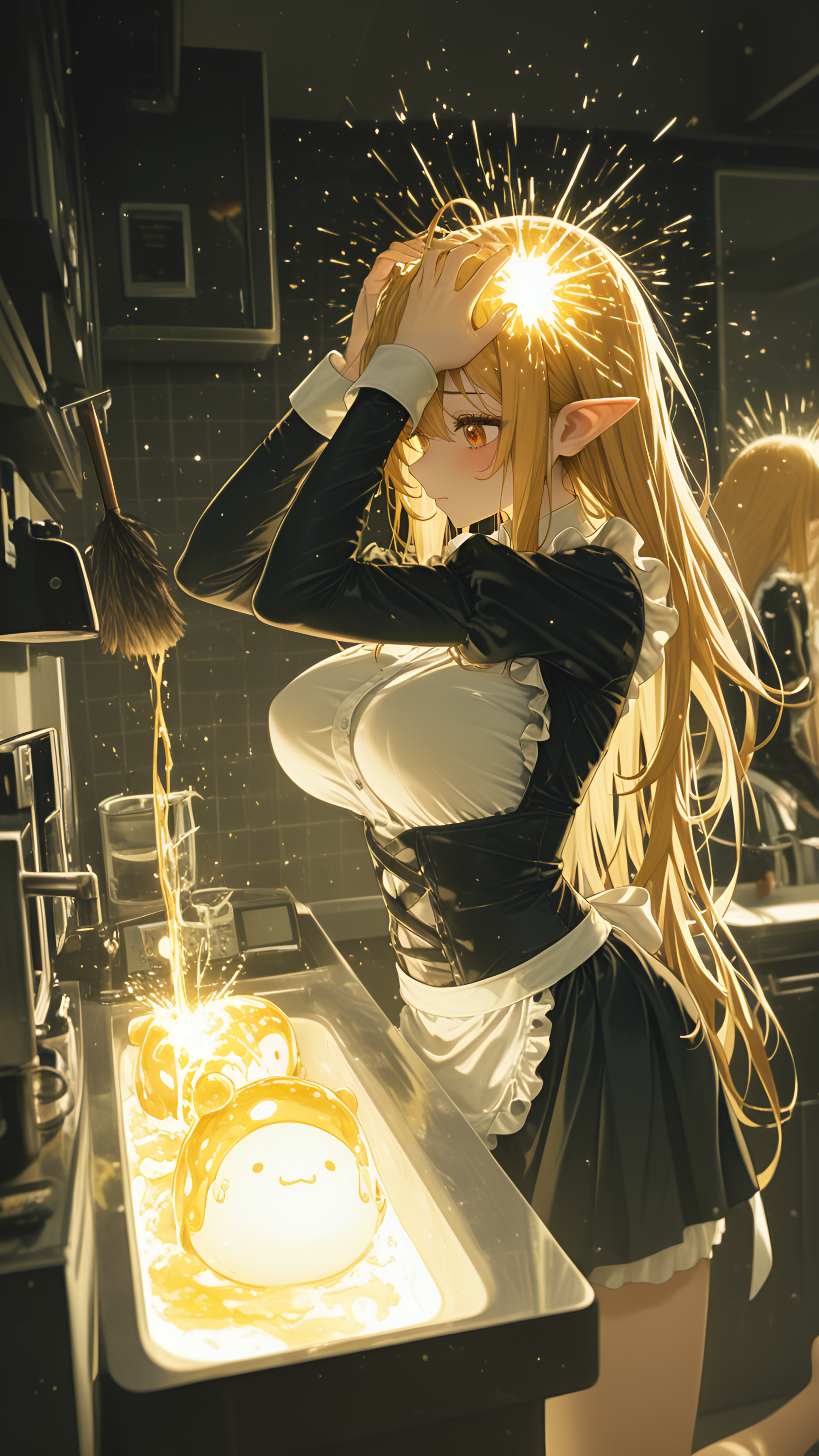 dreamcore, hands_on_head, best quality, cowboy shot, glow, Haru Onodera (Nisekoi), motion_blur:1.1, absolutely eye-catching, long hair, barefoot, newest, absurdres, ambient occlusion, masterpiece, Honey blonde hair, large breasts, Mint Theme, 8K, overwhelmed, Maid uniform with a feather duster, perky breasts, reflections, amazing quality, depth of field, ultra-detailed, blurry foreground, very aesthetic, sink., Midnight, hammer, elf, 2boys, dress with a sheer bodice., microwave, light skin, motion_lines:1.1, coffee machine, RTX, anime character, 1girl, Elegantly disheveled, nail_polish, slime_(creature), Office breakroom