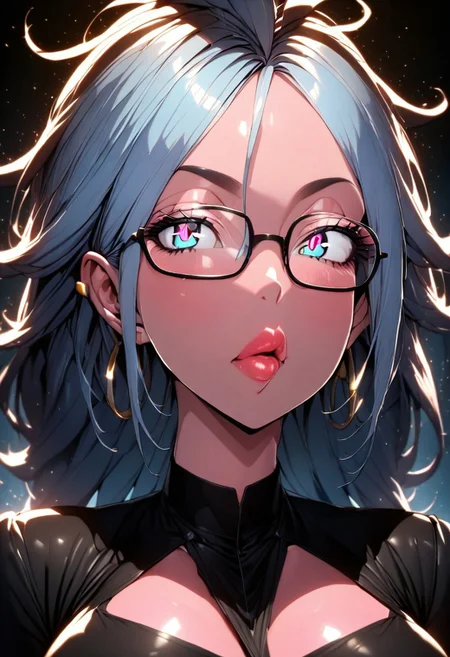(masterpiece), (best quality), (ultra-detailed), 
1girl, solo, android 21 merged with Bulma,  gorgeous lips, an elegant face, pink skin, blue hair, long hair, spectacles,
light particle, particle, shadow,  
detailed lips , black detailed pupils, puffy lips, wide lips thick lips, big lips, large lips, parted clothes