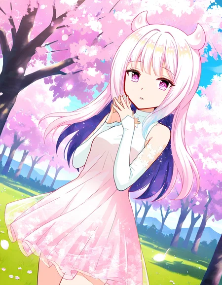 masterpiece, best quality, newest, absurdres, highres, safe, 1girl, eternal sakura, magia record: mahou shoujo madoka magica gaiden, pink dress, grass field, cherry tree, dutch angle, <lora:eternal_sakura_noobaiXLNAIXL_vPred10Version:0.7>