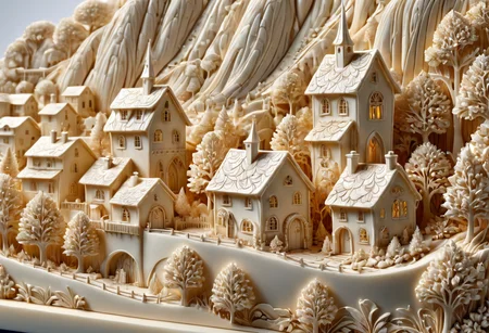 ivory_carving_style, beautiful picture of a small village in mountainous landscape, closeup, made out of delicate and fragile fine original ivory material, whole body, masterpiece, flawless, elegant, vibrant details, (expansive view:1.4), (clear outlines:1.4), (ultra detailed:1.4), 64K, (high contrast:1.4), award winning, stunning, beautiful composition, clean sharp focus, SFW, realistic