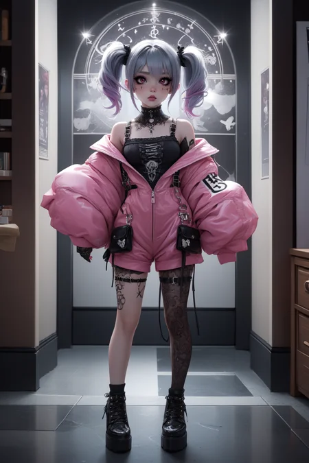 breathtaking full shot, full body, 1girl,  <lora:edgPastelGothFashionv1:0.45> edgPastelGoth, pink outfit, wearing edgPastelGoth <lora:snak3platf0rm:0.25> snak3platf0rm eyeliner5 EyeDetail HairDetail <lora:water-a-e-style-darquelilly-v1:0.7> waterastrologystyle <lora:egirlmakeup:0.35> egirlmakeup, masterpiece, award-winning, professional, highly detailed
