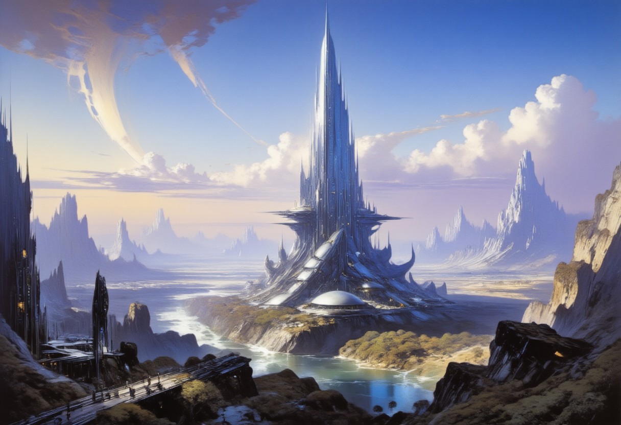 A futuristic cityscape at dusk. The central focus is an immense, towering skyscraper with a sleek, reflective surface that reflects the soft, ambient light of the setting sun. The building's design is futuristic, with a tapering top and a complex, organic base that seems to blend seamlessly with the landscape. In the foreground, a serene river runs through a valley lined with lush, green trees. Bridges and elevated walkways connect the base of the skyscraper to the surrounding buildings. The buildings in the foreground are more modest in size, with a mix of glass and metallic facades, indicating modern architecture. In the background, the cityscape stretches into the distance, showcasing a variety of skyscrapers and high-rises, some of which are needle-like, indicating a focus on verticality and density. The sky is a gradient of deep blues and purples, with scattered, fluffy clouds casting shadows on the buildings below. The overall color palette is cool and serene, with the soft lighting enhancing the futuristic, utopian atmosphere of the scene.