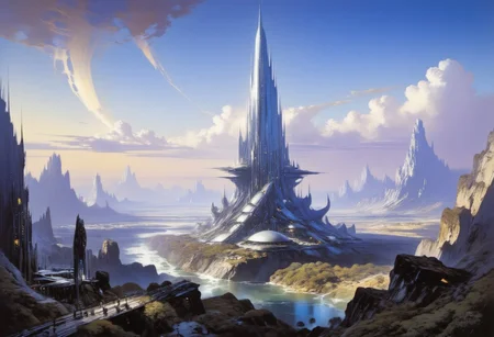 A futuristic cityscape at dusk. The central focus is an immense, towering skyscraper with a sleek, reflective surface that reflects the soft, ambient light of the setting sun. The building's design is futuristic, with a tapering top and a complex, organic base that seems to blend seamlessly with the landscape. In the foreground, a serene river runs through a valley lined with lush, green trees. Bridges and elevated walkways connect the base of the skyscraper to the surrounding buildings. The buildings in the foreground are more modest in size, with a mix of glass and metallic facades, indicating modern architecture. In the background, the cityscape stretches into the distance, showcasing a variety of skyscrapers and high-rises, some of which are needle-like, indicating a focus on verticality and density. The sky is a gradient of deep blues and purples, with scattered, fluffy clouds casting shadows on the buildings below. The overall color palette is cool and serene, with the soft lighting enhancing the futuristic, utopian atmosphere of the scene.