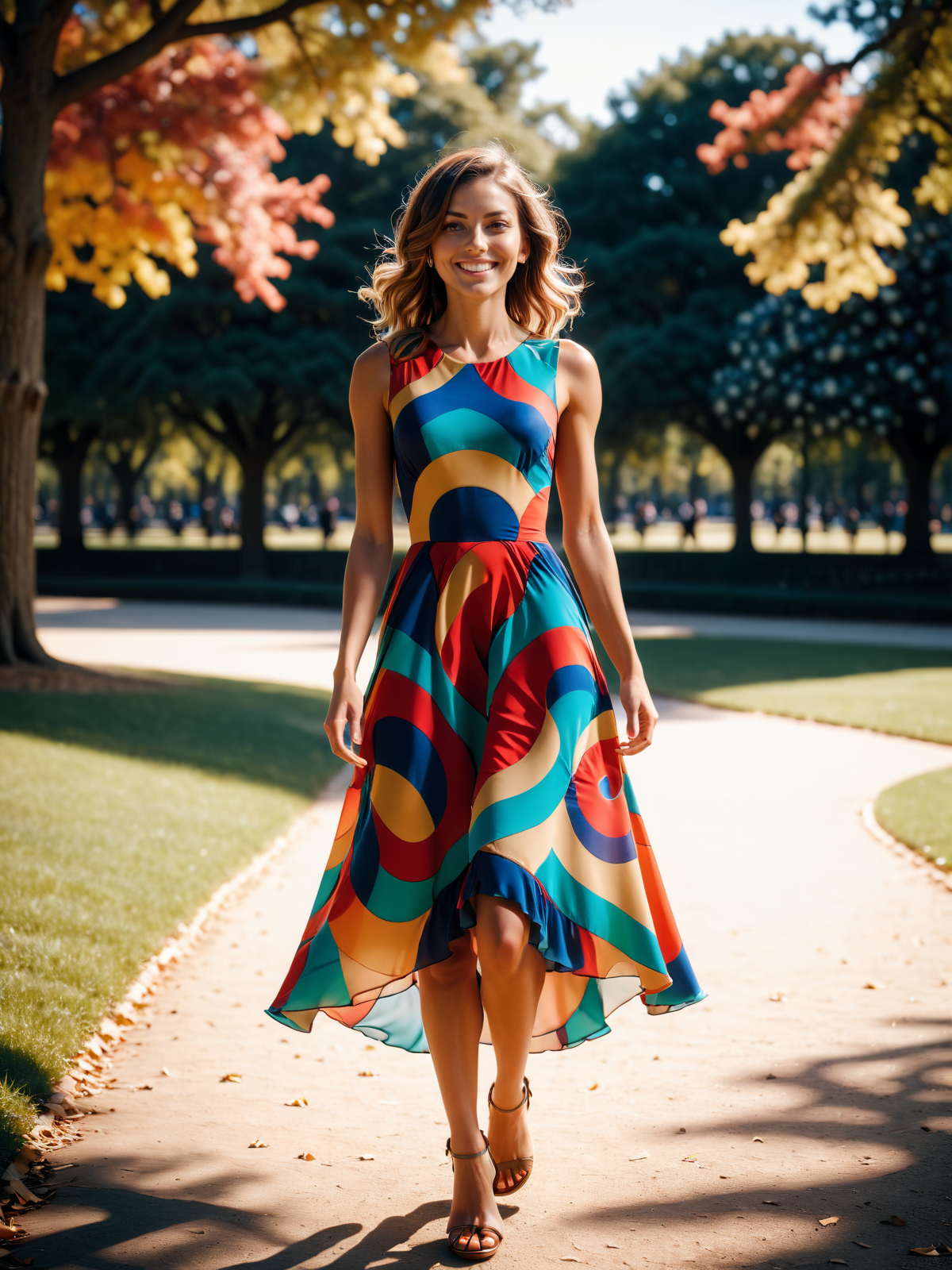 woman walking through park wearing colorful mad-clfcrcle dress, light smile, dynamic pose, cinematic shot, great lighting<lora:Colorful_Circles_SDXL_v2:0.8> mad-clfcrcle, raw photo, film grain, Fujifilm XT3, (photorealistic, realistic:1.2), deep shadow,  8k, uhd, dslr, ultra high res