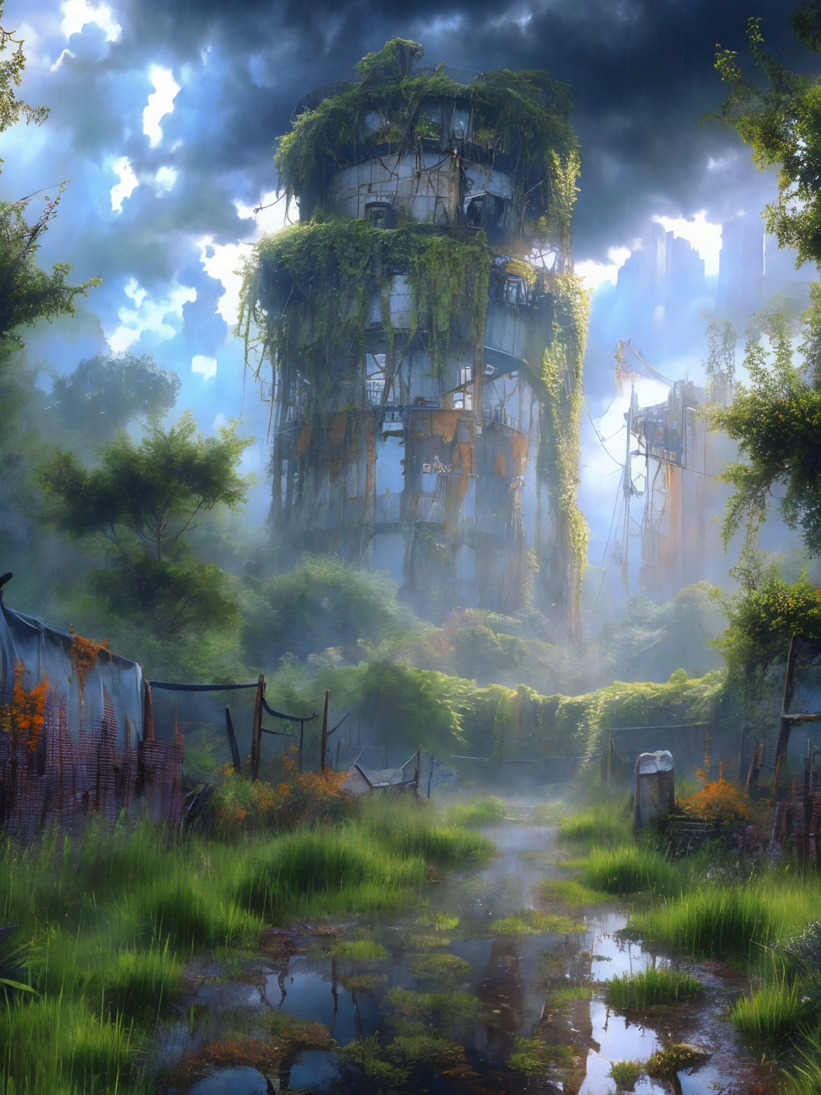 gigantic city ruins tower into the sky, moss and creepers grow in the craks. highly detailed astronaut in a orange space suit surveys the ruins, rain, mist and fog, dark forbidding sky, sunlight filters through the clouds, 
(masterpiece, top quality, best quality, official art, beautiful and aesthetic:1.2), (8k, best quality, masterpiece:1.2),
<lora:add_detail:1> <lora:20231114-1699945989034:0.8> Dark <lora:Wasteland:1> Wasteland