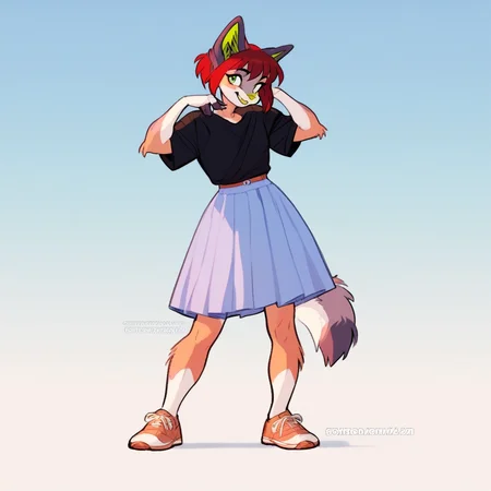 score_9, score_8_up, score_8, score_7, source_furry, RishiC, solo, 1girl, anthro, female furry, canine furry, coyote, tan and white fur, red hair, two-toned tail, grey ears, green eyes, green nose, black fingers, black shirt, blue skirt, brown shoes, full body, looking at viewer, standing, happy, soft smile, sky blue background,