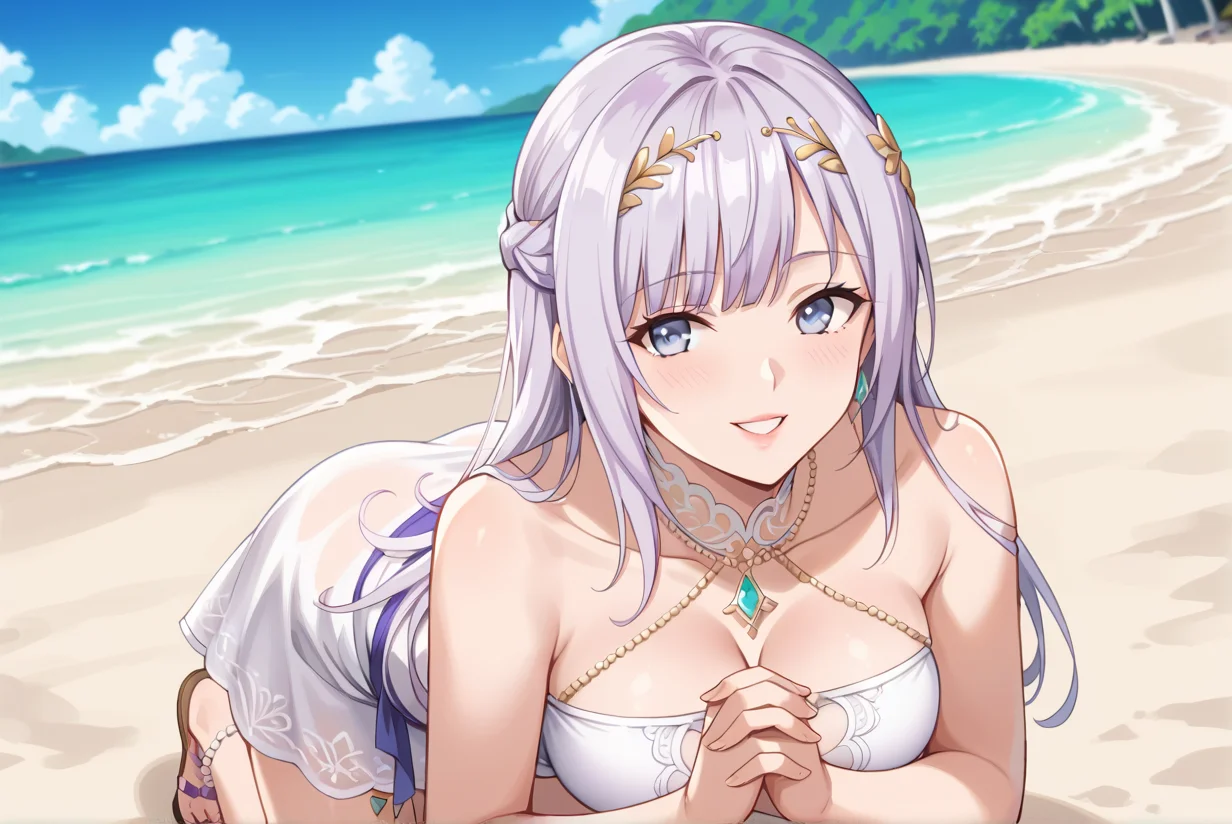 score_9, score_8_up, score_7_up, best quality, masterpiece, source_anime, anime screenshot, BREAK, 1girl, doafiona, long hair, purple hair, fionaswim <lora:fionadoa:1> , ,Kneeling with hands clasped in prayer, in beach, smile, happy,