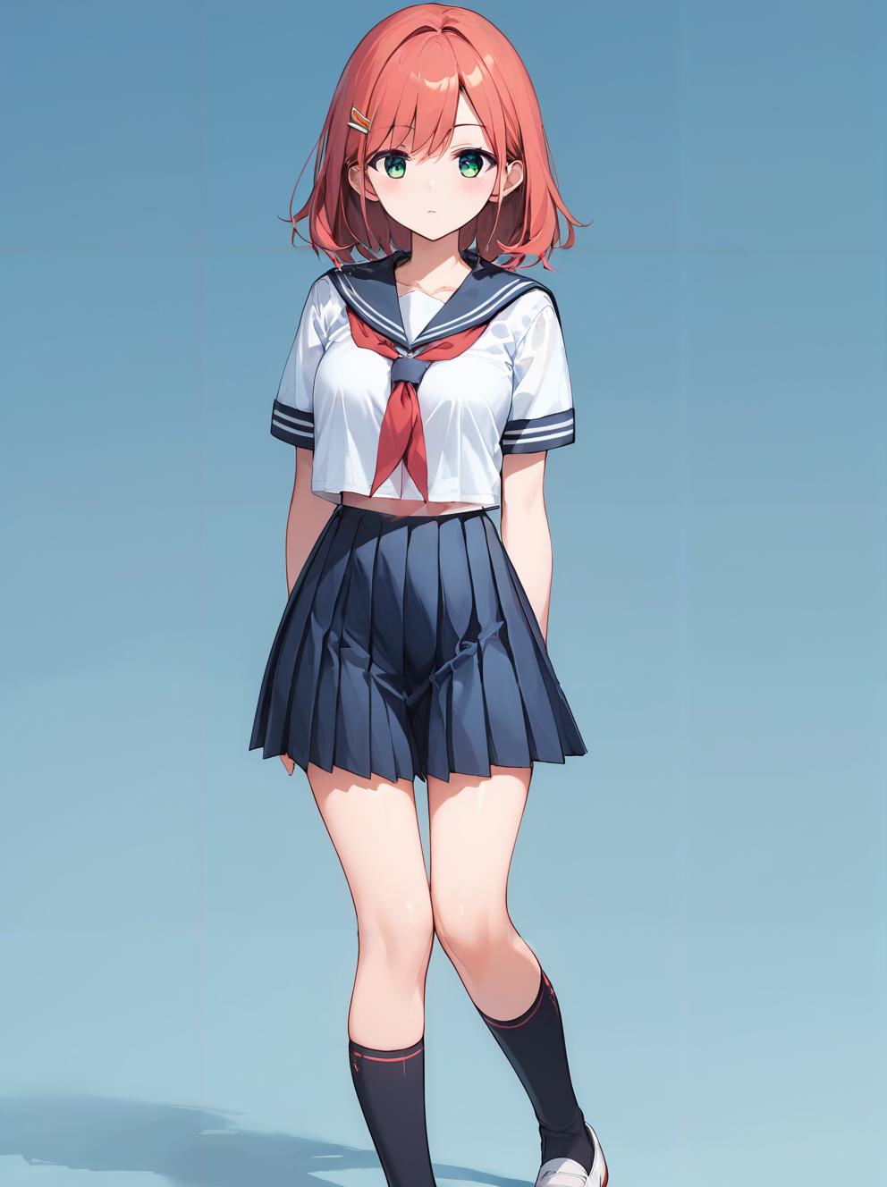 score_9, score_8_up, score_7_up,source_anime, high res image,masterpiece,best quality,(girl:1.0),cute face,clear skin,shiny hair,ultra detailed eyes,simple background, <lora:pigeon-toed_pony_V1.0:0.8>  (pigeon-toed:1.2),serafuku,blush,standing,socks