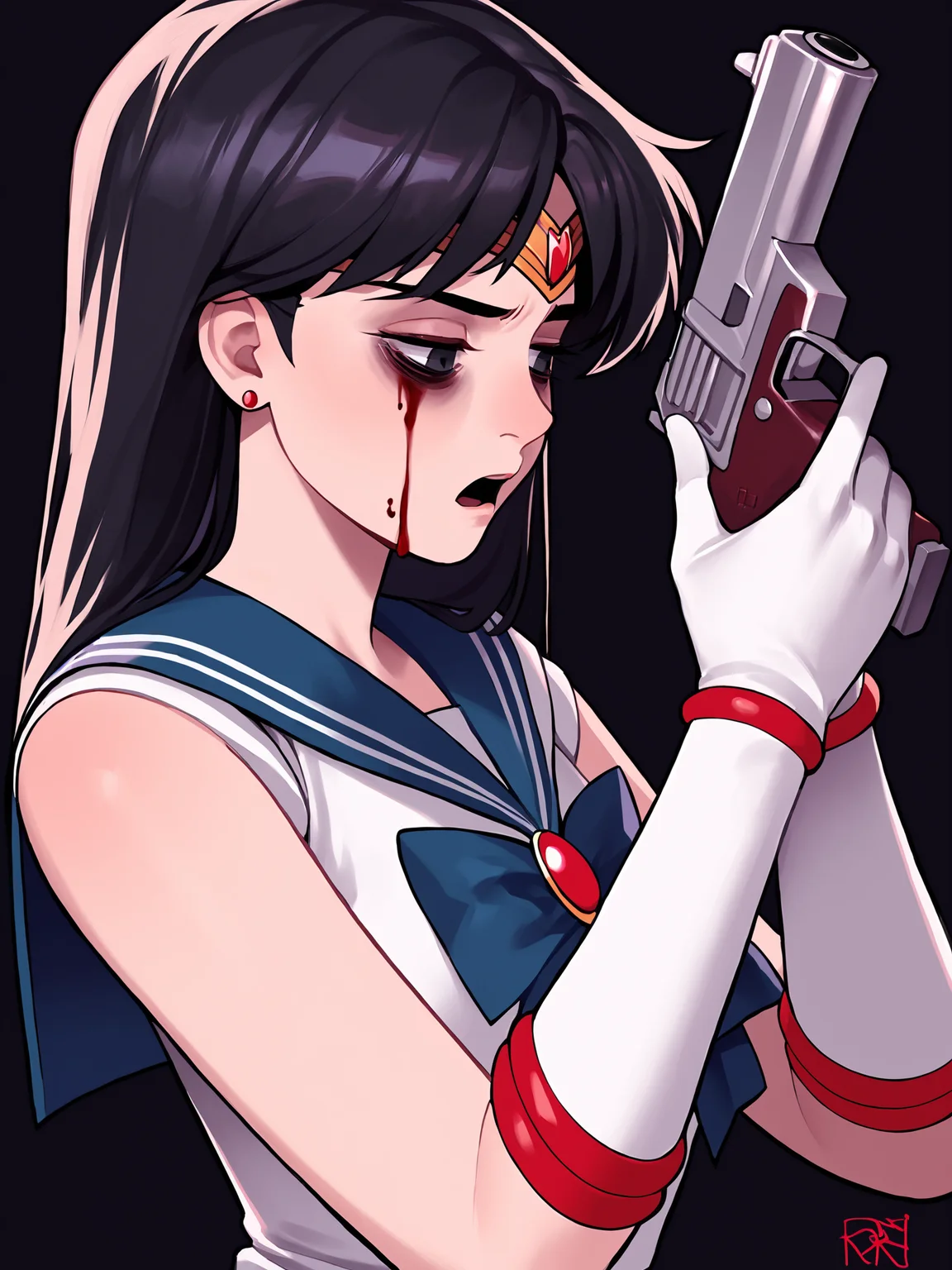score_9, score_8_up, score_7_up, score_6_up, score_5_up, score_4_up, rating_safe
BREAK
sailor mars, circlet, black hair, black eyes, looking away, tired, half-closed eyes, bags under eyes, sigh, open mouth, looking down, blood on face, blood splatter,
BREAK
solo, portrait, magical girl, red serafuku, from side, holding gun, handgun, blood on weapon,
BREAK
black background, <lora:Lunas-Poch4n-SDXL-A1:1>