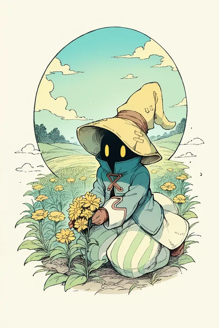 score_9, score_8_up, score_7_up, score_6_up, source_anime, BREAK <lora:BlackMageCostumeSDXL-V1:1> bmcostume, hidden face, yellow eyes <lora:traditional_slider_v1_NEGWEIGHT:-1.2> border, blue sky, field, holding flower, looking up