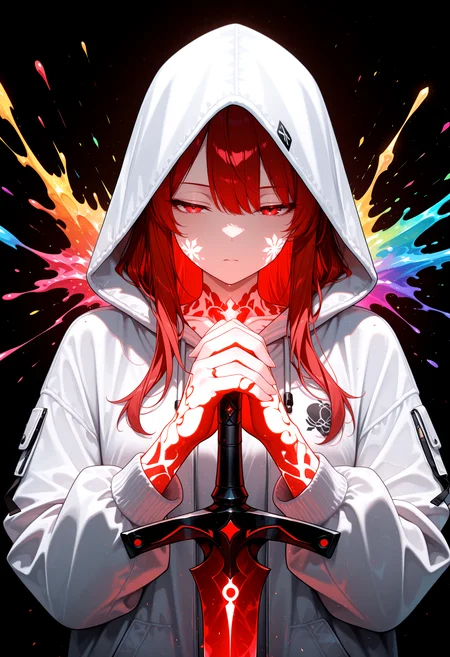 lazympos, adult,
1girl,
newest,absurdres,incredibly absurdres, very aesthetic,
(colorful splashes:1.1), (shining:1.1), (focus on face:1.1), Glowing skin, Strong contrast, long sleeves, simple background, red eyes, weapon, hood, black background, sword, hooded jacket, meme, jacket, hood up, red long hair, glowing, half-closed eyes, looking at viewer