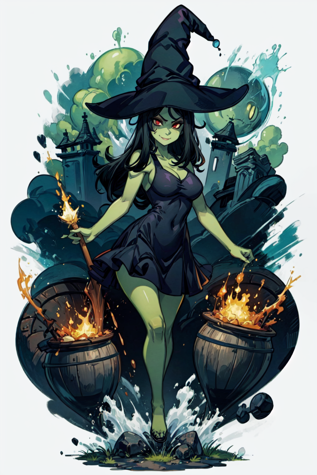 1girl, solo, <lora:Gruntilda_Anime:0.8>, Gruntilda, green skin, long black hair, black dress, red eyes, witch hat, evil smile, dungeon, big cauldron, <lora:add_detail:0.7>, <lora:tachi-e:1>, white background, full body,