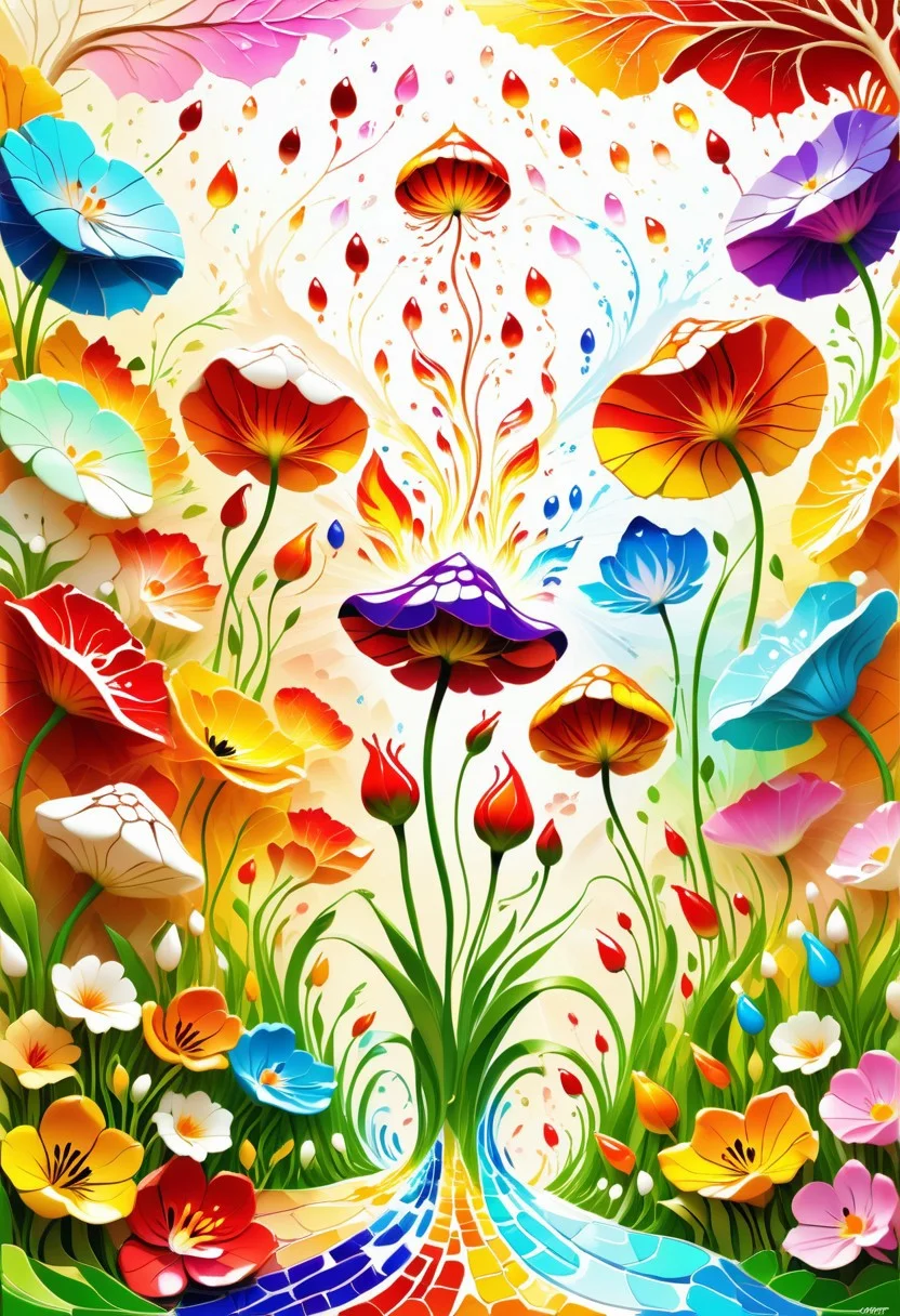 Jed-Spl4sh, <lora:ColourfulStyleV2-000006:0.8>, masterpiece, UHD, 64k, smooth colors, positive emotional, splash effect, happy marhmallows, silhouette, ambient light, nature art, hexagonal , with awning embroidery, spring garden, Hurricane, Sketched, mosaic, Sepia filter, organic, detailed, deep rich colors, fine detail, luxury, cinematic, positive emotional