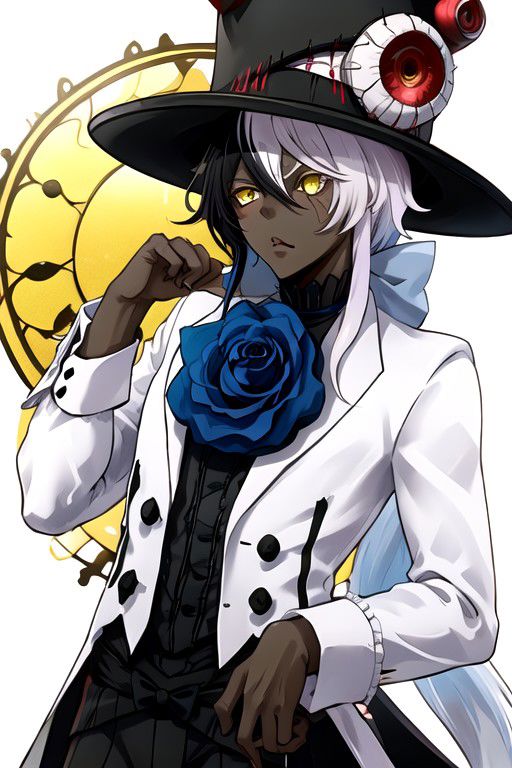shiromi, hat, dark skin, yellow eyes, heterochromia, white hair, flower, long hair, blue flower, multicolored hair, black hair, top hat, blue rose, rose, 1boy, black headwear, dark-skinned male, formal, purple eyes, black sclera, cracked face, colored sclera