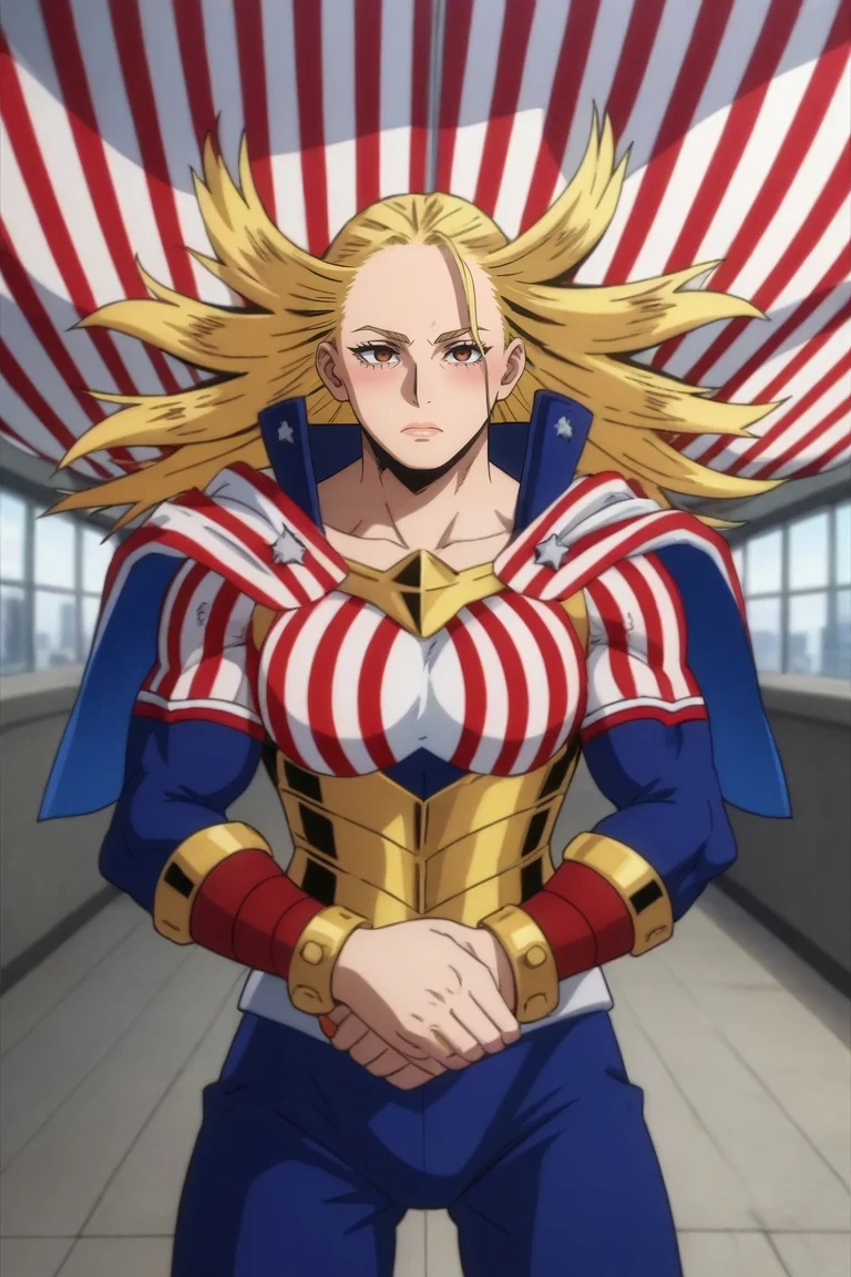 score_9, score_8_up, score_7_up, source_anime, rating_safe, intricate details, anime screencap, , , , depth of field, 1girl, solo, <lora:cathleen_bate_pony:0.96>, cathleen_bate, blonde hair, brown eyes, long hair, superhero, cape, , bodysuit, american flag, symmetry, death valley, indoors, (dynamic pose), shy, blush, , <lora:sdxl_lightning_8step_lora:1>
