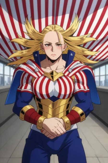 score_9, score_8_up, score_7_up, source_anime, rating_safe, intricate details, anime screencap, , , , depth of field, 1girl, solo, <lora:cathleen_bate_pony:0.96>, cathleen_bate, blonde hair, brown eyes, long hair, superhero, cape, , bodysuit, american flag, symmetry, death valley, indoors, (dynamic pose), shy, blush, , <lora:sdxl_lightning_8step_lora:1>