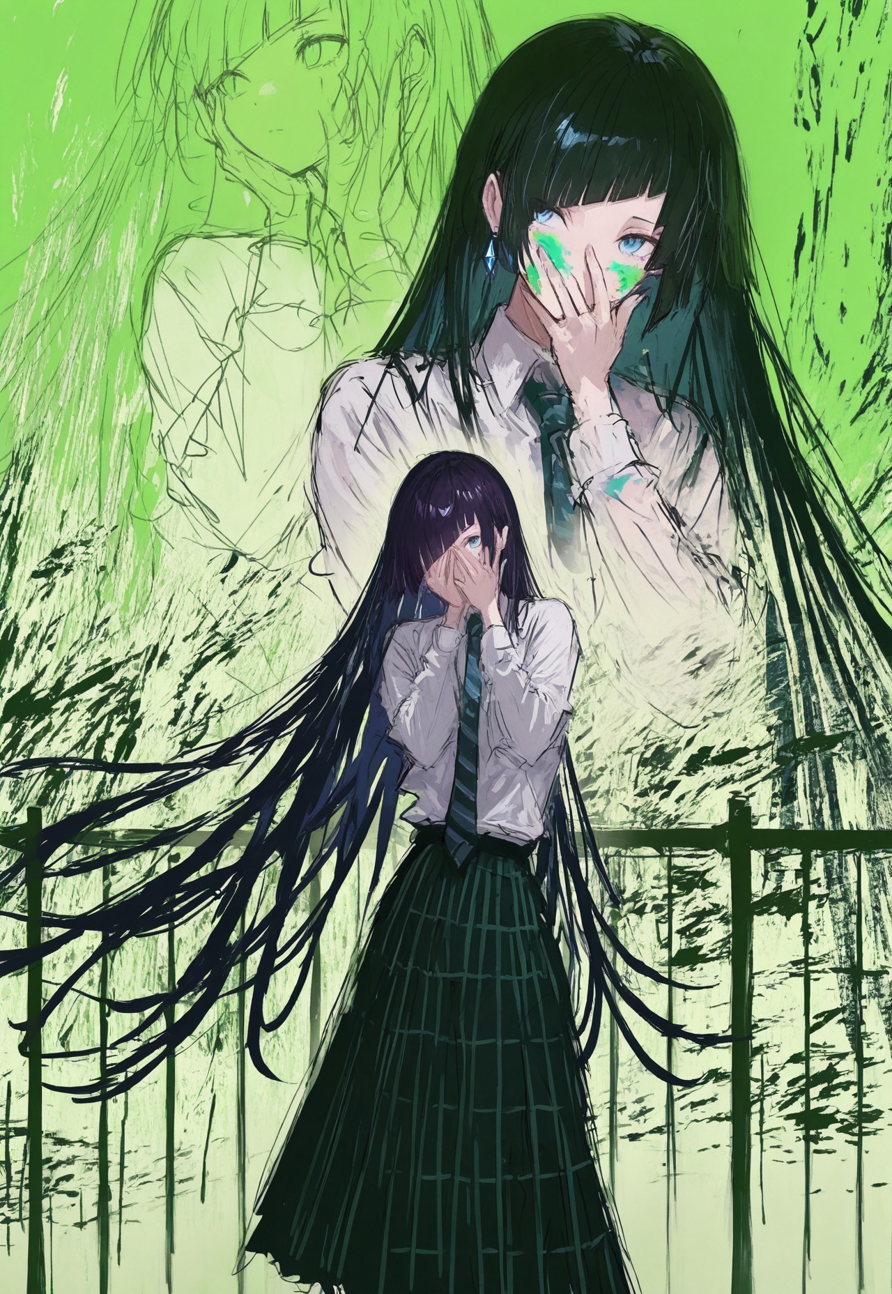 dynamic pose, feet out of frame, vignetting, leaning to the side, looking up, looking to the side, solo, androgynous, holding paintbrush, hand to face, covering face, very long hair, wind, paint splatter on face, (unfinished:1.2), striped clothes, striped necktie, diagonal bangs, diagonal-striped background, striped skirt, striped ribbon, floating ribbon, hair behind ear, blue eyes, green background, iron fence, detailed background, full composition, character background, zoom layer,
fuyumur4s4ki_illu,
masterpiece, best quality, absurdres
