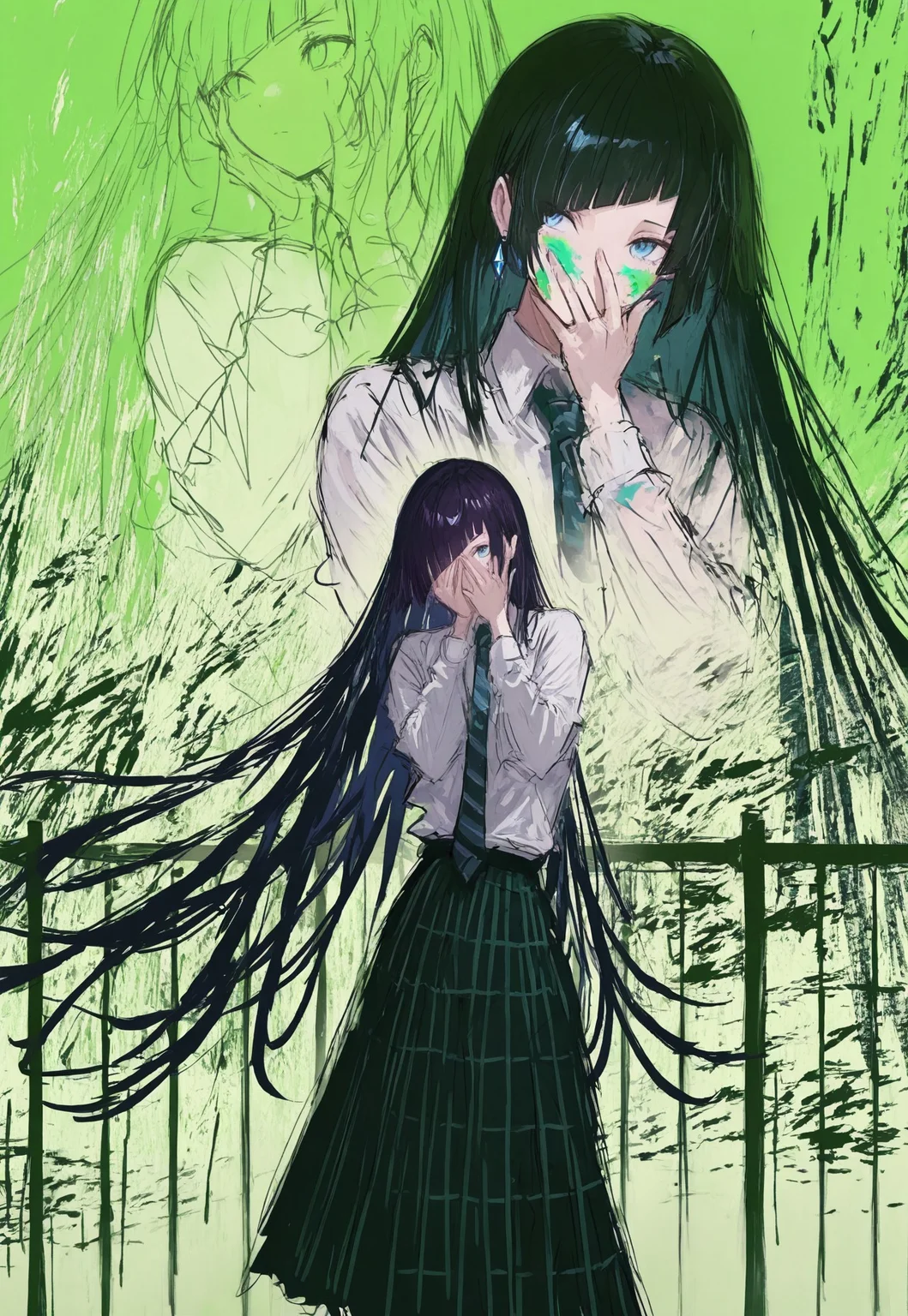 dynamic pose, feet out of frame, vignetting, leaning to the side, looking up, looking to the side, solo, androgynous, holding paintbrush, hand to face, covering face, very long hair, wind, paint splatter on face, (unfinished:1.2), striped clothes, striped necktie, diagonal bangs, diagonal-striped background, striped skirt, striped ribbon, floating ribbon, hair behind ear, blue eyes, green background, iron fence, detailed background, full composition, character background, zoom layer,
fuyumur4s4ki_illu,
masterpiece, best quality, absurdres
