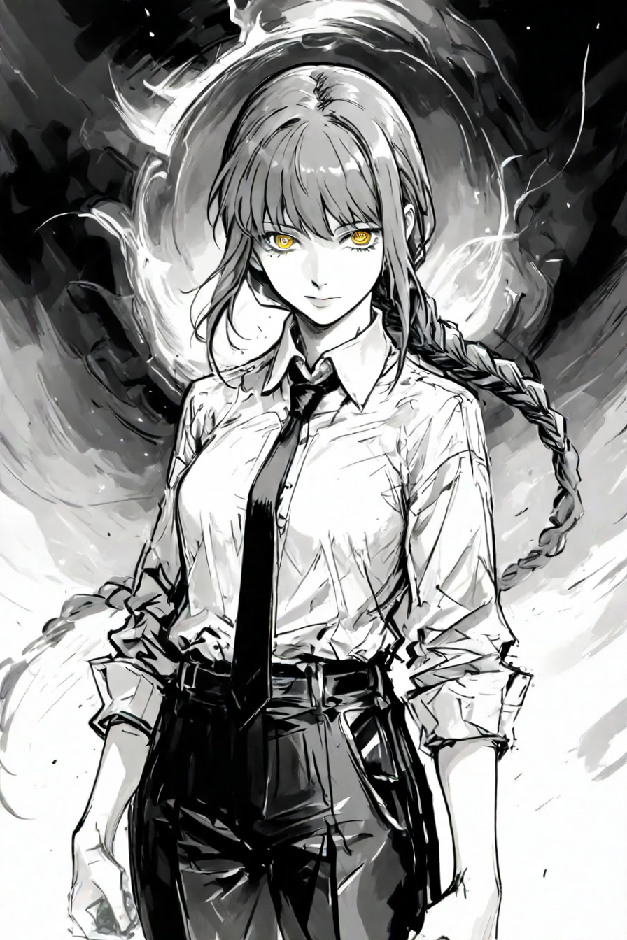<lora:mak1ma0XL_Pony_v1:0.6> , mak1ma0, makima,  long hair, ringed eyes, braid, white collared shirt,black necktie, black pants, 1girl, solo, alone,  <lora:midjourney_epic_art_illustriousXL:1>, midjourney_epic_art, monochrome, masterpiece, highres