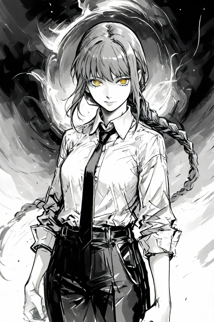 <lora:mak1ma0XL_Pony_v1:0.6> , mak1ma0, makima, long hair, ringed eyes, braid, white collared shirt,black necktie, black pants, 1girl, solo, alone, <lora:midjourney_epic_art_illustriousXL:1>, midjourney_epic_art, monochrome, masterpiece, highres