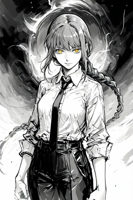 <lora:mak1ma0XL_Pony_v1:0.6> , mak1ma0, makima, long hair, ringed eyes, braid, white collared shirt,black necktie, black pants, 1girl, solo, alone, <lora:midjourney_epic_art_illustriousXL:1>, midjourney_epic_art, monochrome, masterpiece, highres