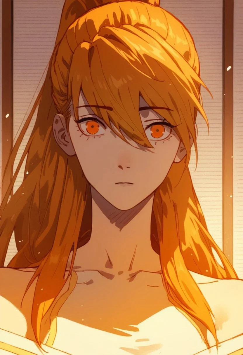 (score_9, score_8_up, score_7_up),
xiaoninger, 1girl, ponytail, long hair, orange hair, bangs, orange eyes, bare shoulder, large breasts, collarbone, hair between eyes, masterpiece, best quality,  portrait, green pastures, head tilt, looking at viewer, facing viewer, dynamic angle, golden light,light particles