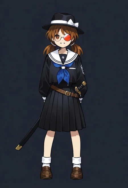 colorful, kaigen_1025, BREAK, 1girl, (slanted eyes, brown eyes, round glasses, fedora, black hat, white ribbon, (white bow on hat), short, black serafuku, brown hair, twintails, low twintails, blue neckerchief, white shirt collar, long sleeves, white cuffs), grin, katana sheath on belt, leather belt, full body, dark background, shining glasses, simple background, foreshortening