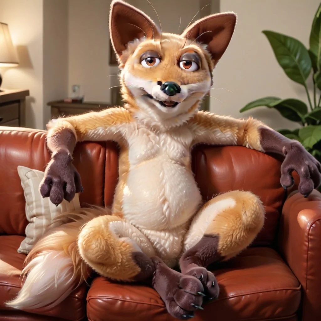 score_9, score_8_up, score_8, score_7, source_furry, Nelson(M), Solo, 1boy, semi-anthro, male furry, fox, fox boy, red fox, orange and white fur, brown eyes, black nose, fox tail, full body, looking at viewer, smile, sitting on couch, living room background,