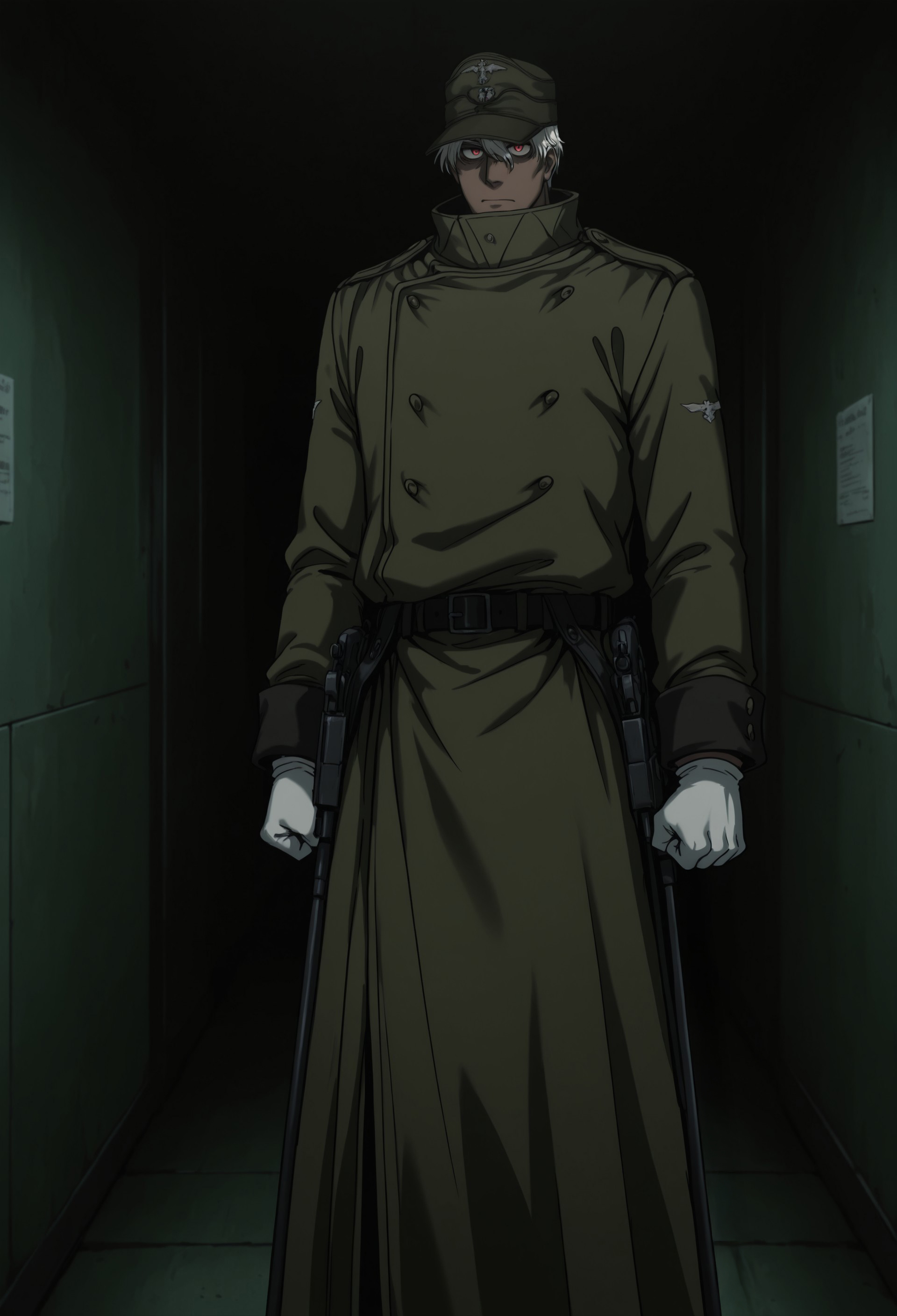masterpiece, best quality, amazing quality, very aesthetic, CPTHS, 1boy, solo, male focus, white hair, short hair, dark skin, red eyes, muscular, green peaked cap, green long coat, white gloves, black belt, holster, black combat boots, holstered, gun, weapon, mauser c96, very long barrel, standing, dark, indoors, looking at viewer, clenched hands, perspective