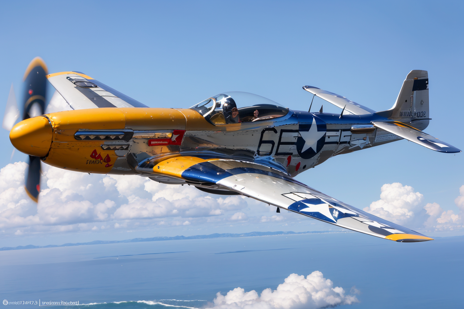 (masterpiece, best quality:1.2), ultra-detailed, flying through a blue sky P-51Mustang, (realistic:1.5), <lora:EdobP51Mustang_v1.0:0.8>