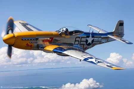 (masterpiece, best quality:1.2), ultra-detailed, flying through a blue sky P-51Mustang, (realistic:1.5), <lora:EdobP51Mustang_v1.0:0.8>