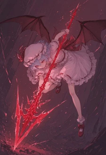 source_anime, high res image, masterpiece, best quality, very awa, absurdres, amazing quality, perfect quality, newest, highres, (4k, 8k, Ultra HD), (ultra-detailed:1.2), very aesthetic, 
1girl, solo, remilia scarlet, (dynamic pose), spear the gungnir, 