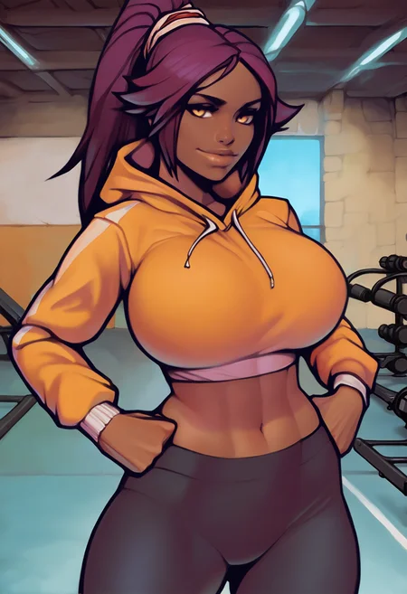 1girl, solo, shihouin yoruichi, hoodie, long sleeves, midriff, black pants, yoga pants, gym, dark skin, smile, lips, large breasts, curvy, looking at viewer, hands on own hips,
masterpiece, best quality, <lora:warlockandboobs-guy90-Illust-Lycorisv102:1> waroobs