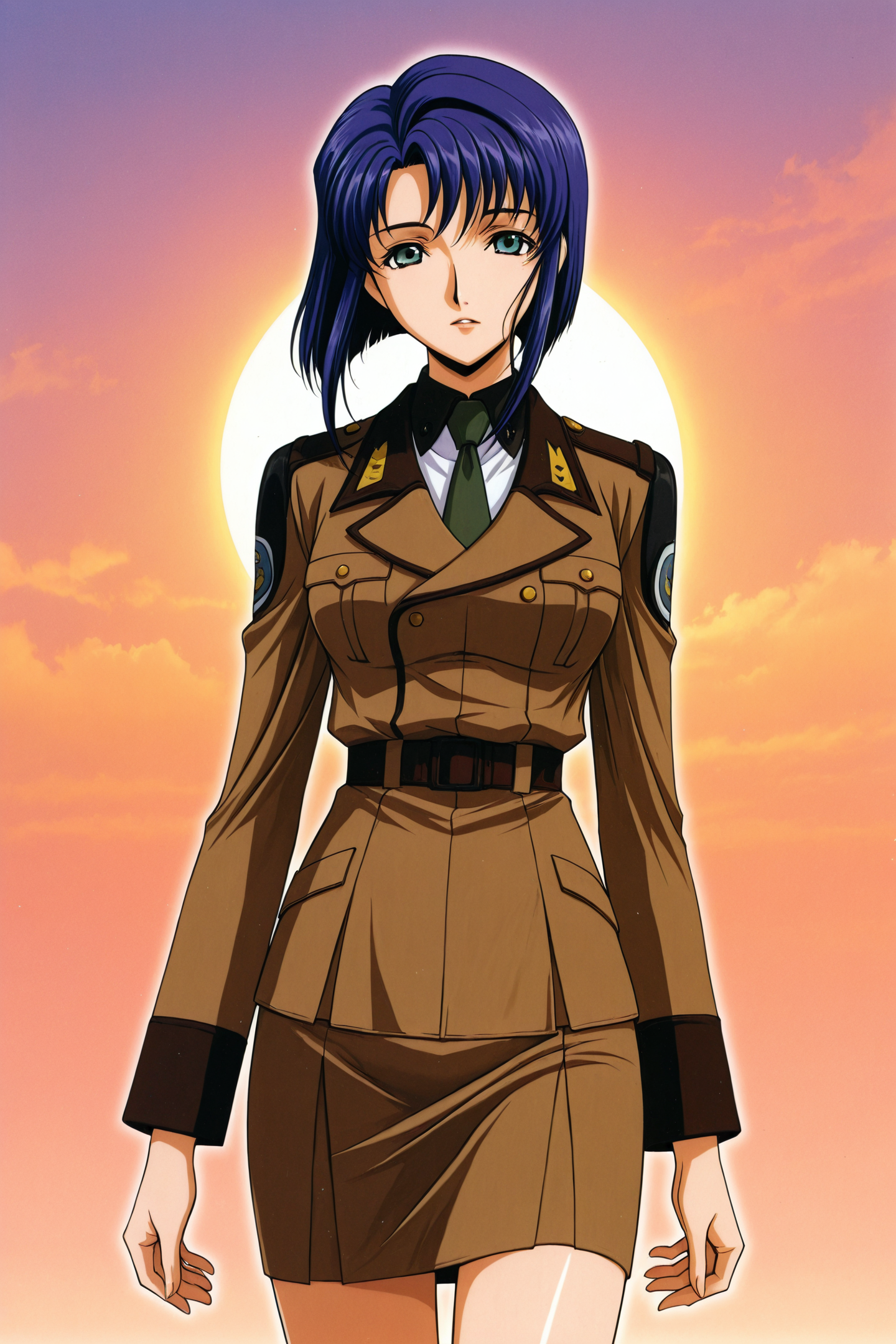 cecile croomy,cowboy shot,solo,1girl,short hair,sidelocks,brown military uniform,pencil skirt,green necktie,sky,sun,looking at viewer,
<lora:Takahiro Kimura_illustriousXL:1.5>,