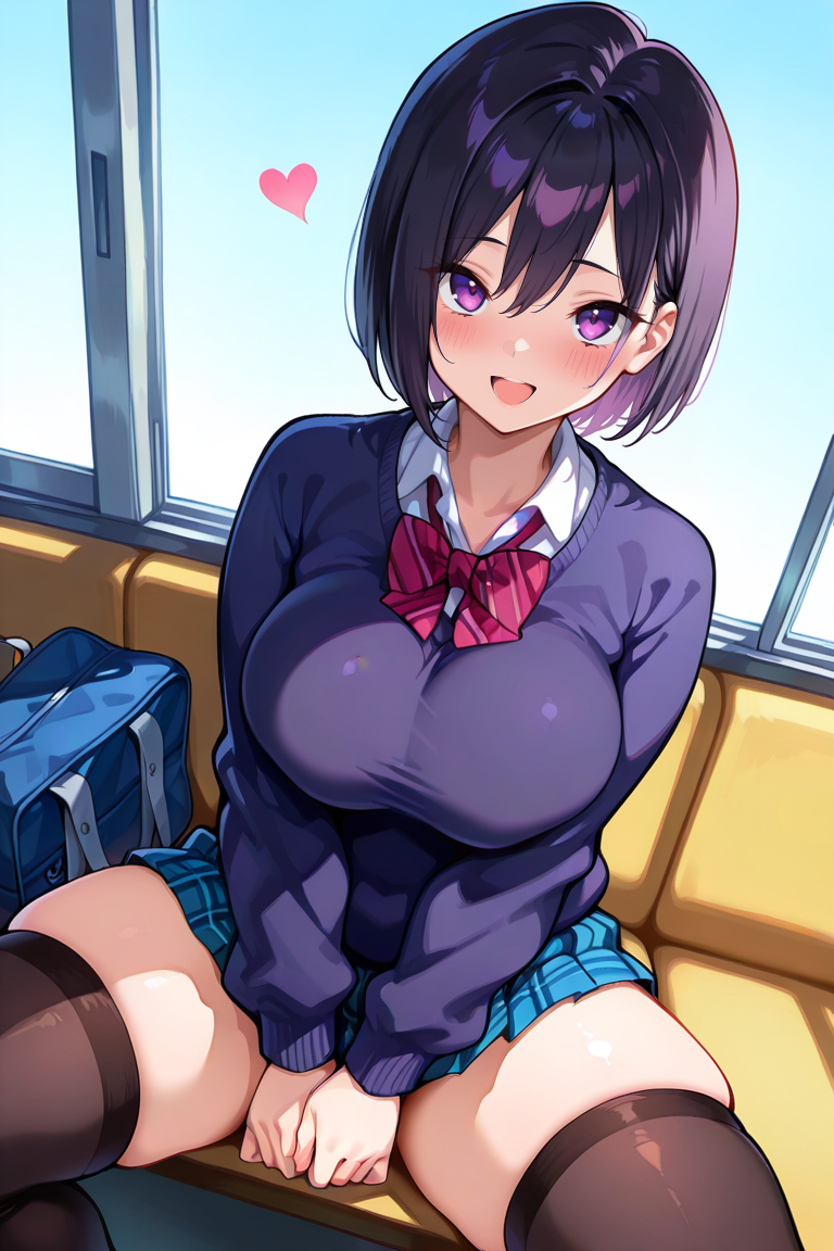 masterpiece , source_anime  , 1girl, breasts, skirt, black hair, thighhighs, 1girl, school uniform, pleated skirt, heart, large breasts, , short hair, blush, bag, sweater, open mouth, smile, own hands together, zettai ryouiki, thighs, thick thighs, shirt, skindentation, purple eyes , looking at, viewer, sitting, spread legs, legs apart, covering panties